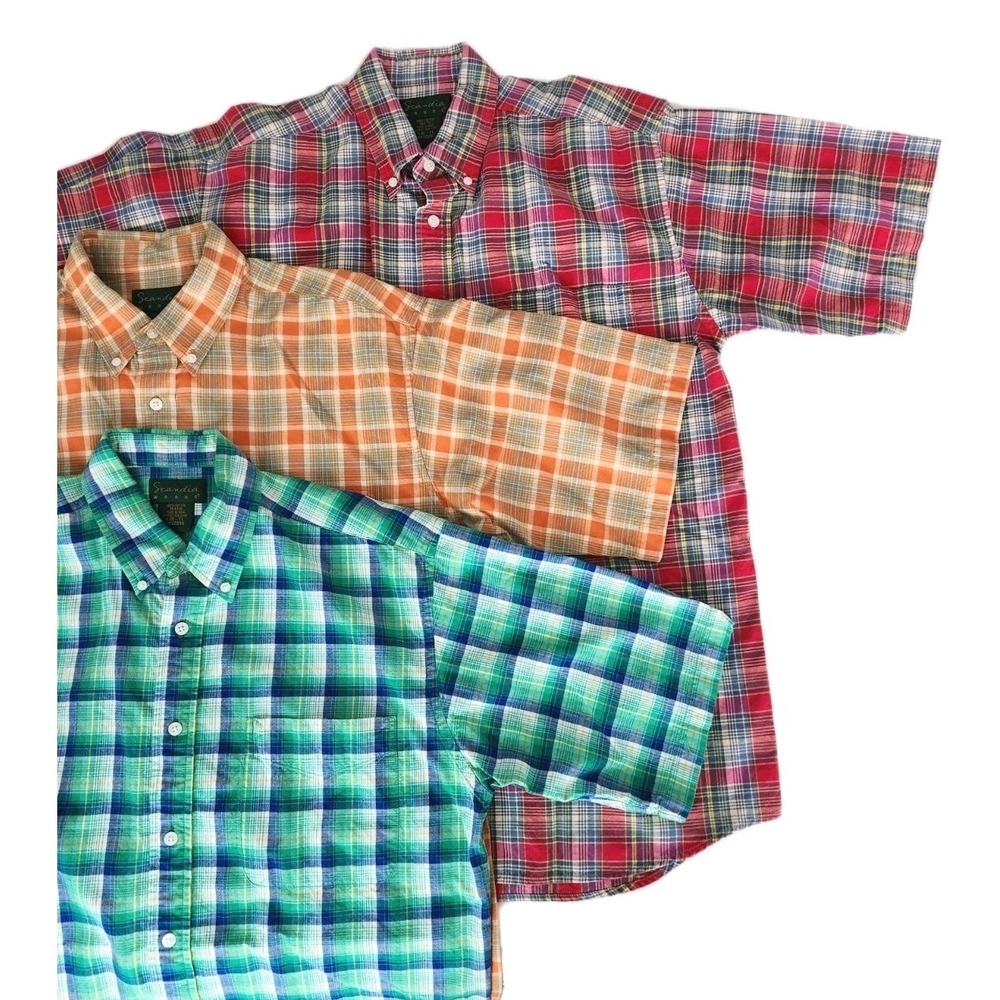 Lot 3 Scandia Woods Large TL Men's Cotton Plaid S/S Button Shirts Red Green Tan